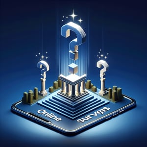 3D voxel art depicting online email marketing surveys on a dark blue background.