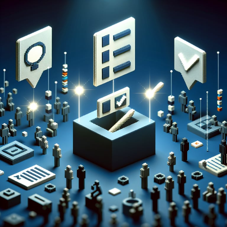 3D voxel art depicting the concept of online enewsletter surveys on a dark blue background.
