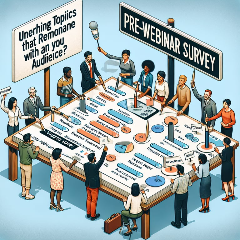 Illustration showcasing Pre Webinar survey questions aimed at identifying audience interests.