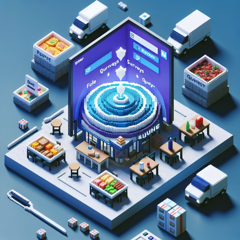 3D voxel art depicting online food survey questions on a dark blue background.