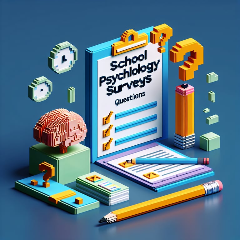 3D voxel art depicting online school psychology surveys on a dark blue background.