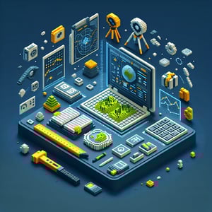 3D voxel art depicting online land survey process on a dark blue background.