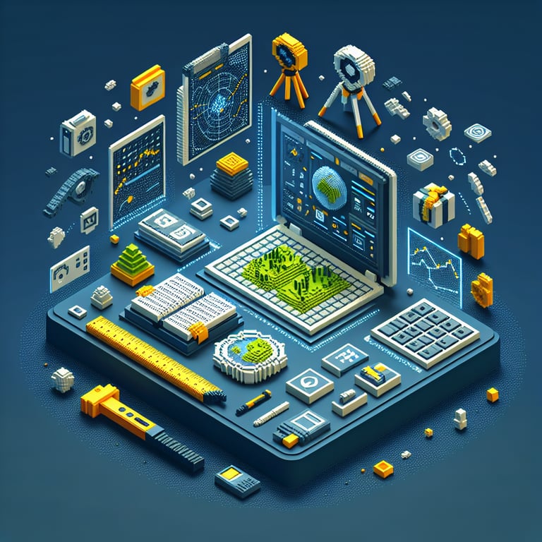 Artistic 3D voxel model showcasing boundary markers and land elevation