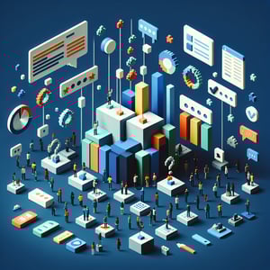 3D voxel art depicting online surveys on a dark blue background, ideal for company survey guidance.