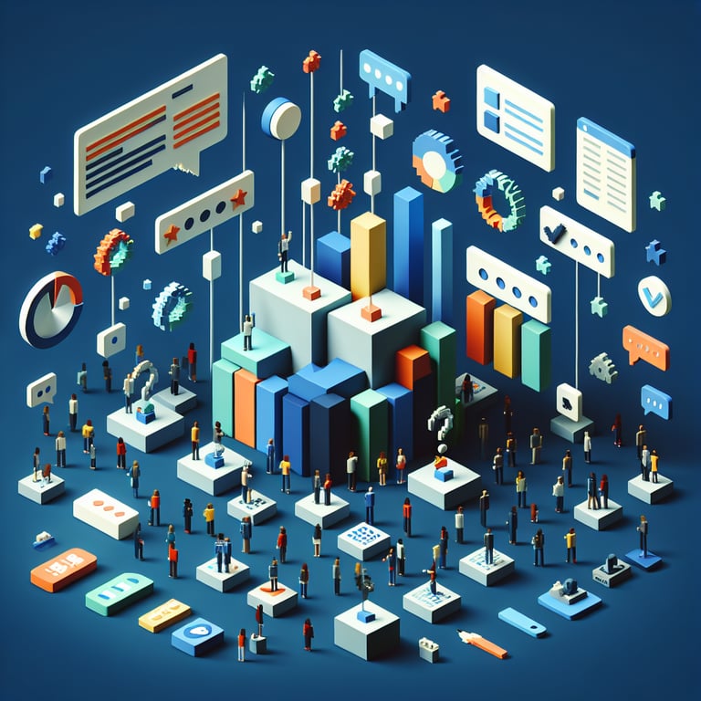 3D voxel art illustrating a guide to mastering company survey responses