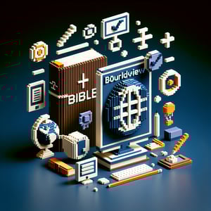 3D voxel art depicting online surveys on a dark blue background, representing Barna Biblical worldview surveys.