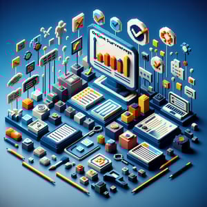 3D voxel art depicting online yearbook surveys on a dark blue background.