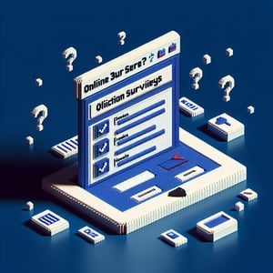 3D voxel art of online surveys, symbolizing election survey questions, against a dark blue background.