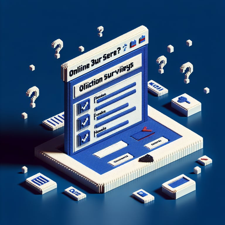 3D voxel art of online surveys, symbolizing election survey questions, against a dark blue background.