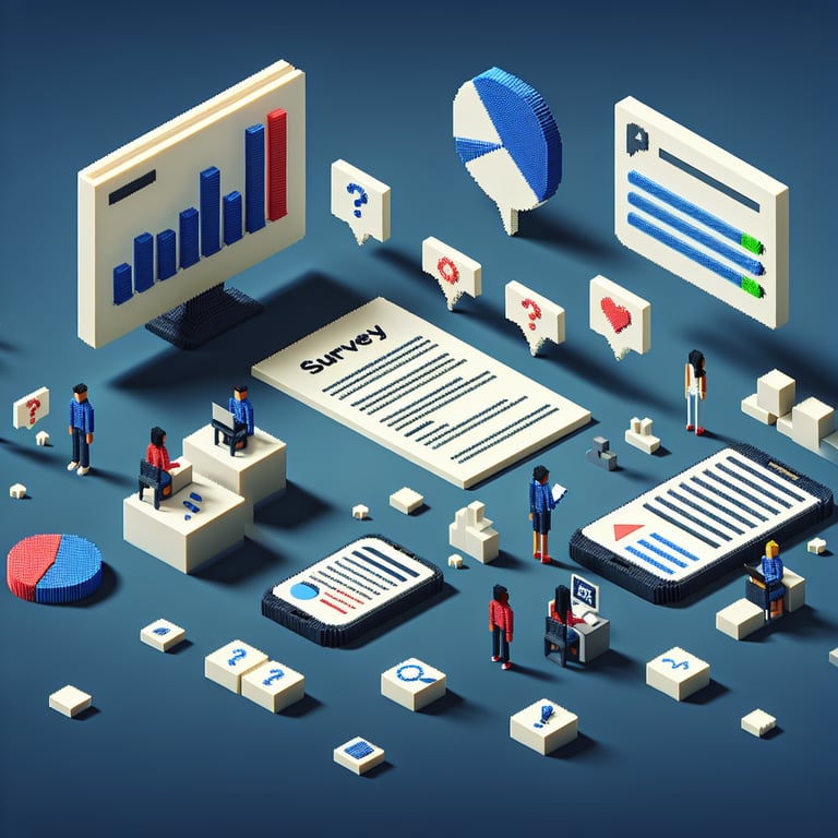 3D voxel art depicting online surveys, symbolizing AP Statistics survey questions on a dark blue background.