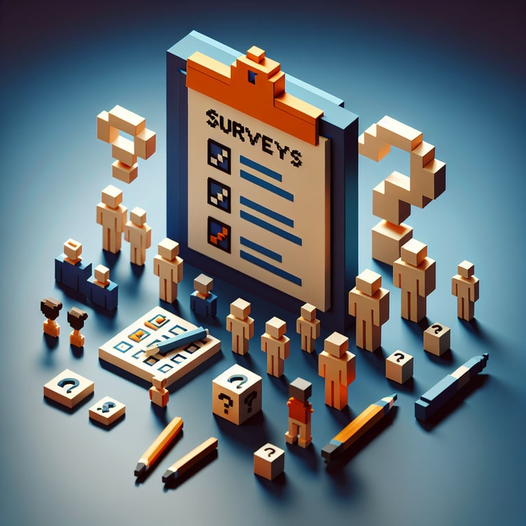 3D voxel rendering of family feedback questionnaire elements on dark blue background