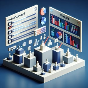 3D voxel art depicting online survey process on a dark blue background, symbolizing newsletter survey questions.