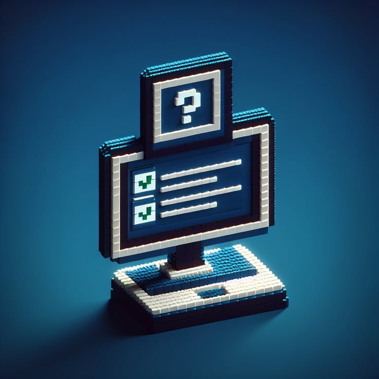3D voxel art depicting online health care survey concept on a dark blue background.