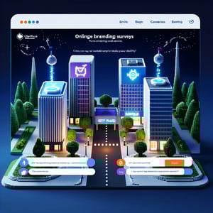 3D voxel art depicting the concept of online city place branding surveys on a dark blue background.