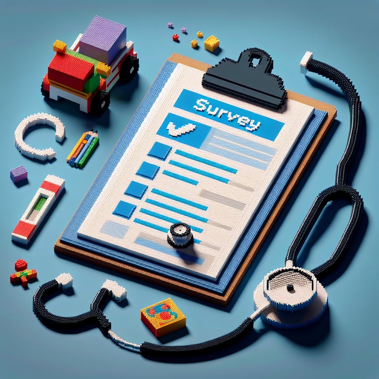 3D voxel art depicting online child health surveys on a dark blue background.