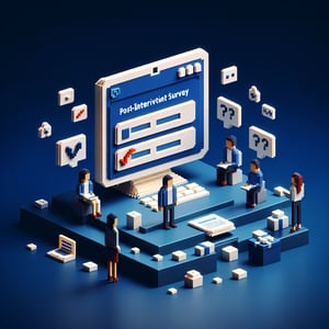 3D voxel art depicting online post intervention surveys on a dark blue background.