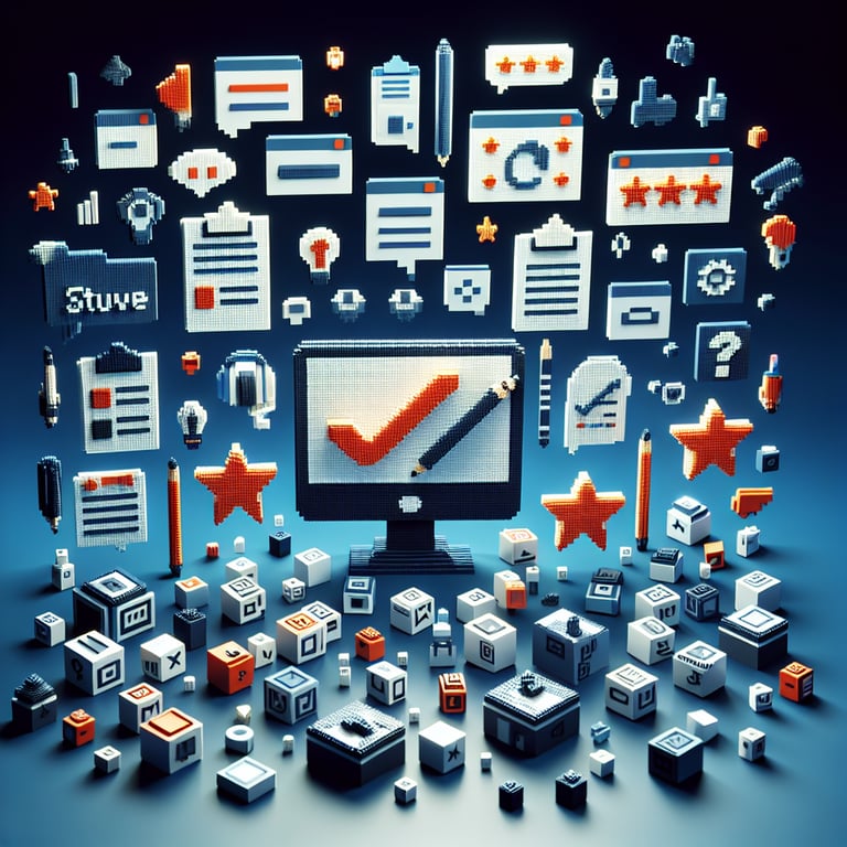 3D voxel art depicting online surveys and questions, set against a dark blue background.