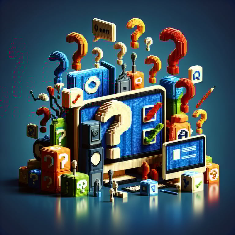 Artistic 3D voxel art illustrating civic engagement in social issues survey questions