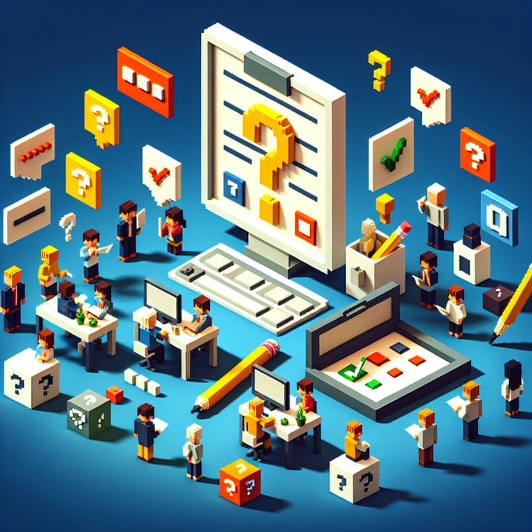3D voxel art illustrating online customer satisfaction surveys on a dark blue background.