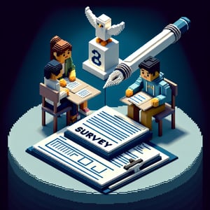 3D voxel art depicting online academic advising surveys on a dark blue background.