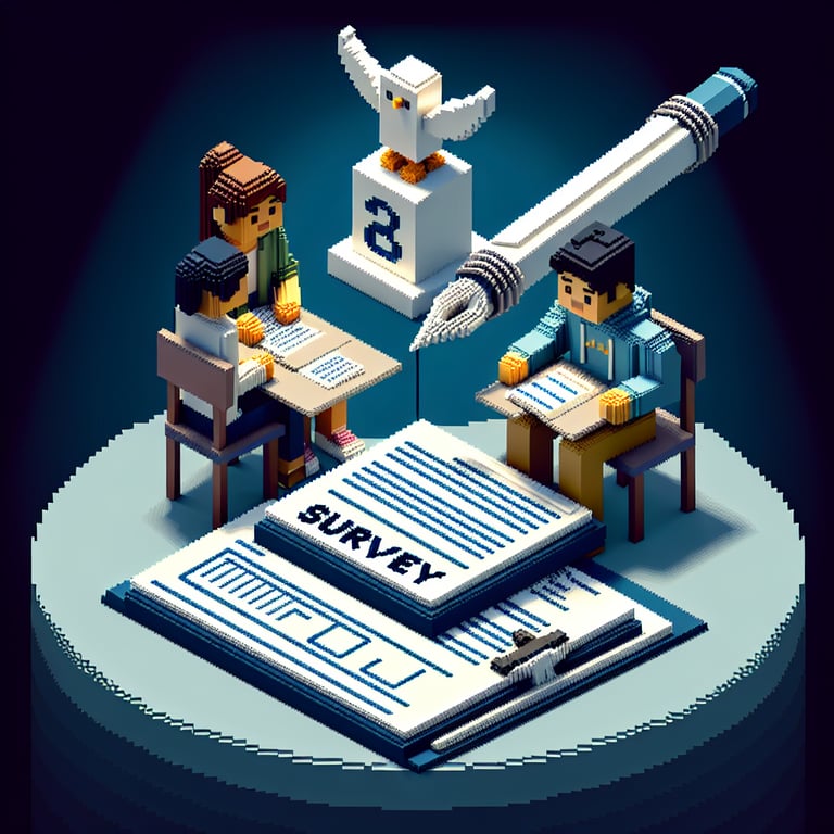 3D voxel art depicting online academic advising surveys on a dark blue background.