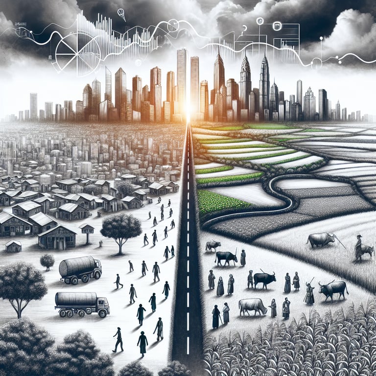 Illustration highlighting topics for Urban Rural survey questions exploring the urban-rural divide.