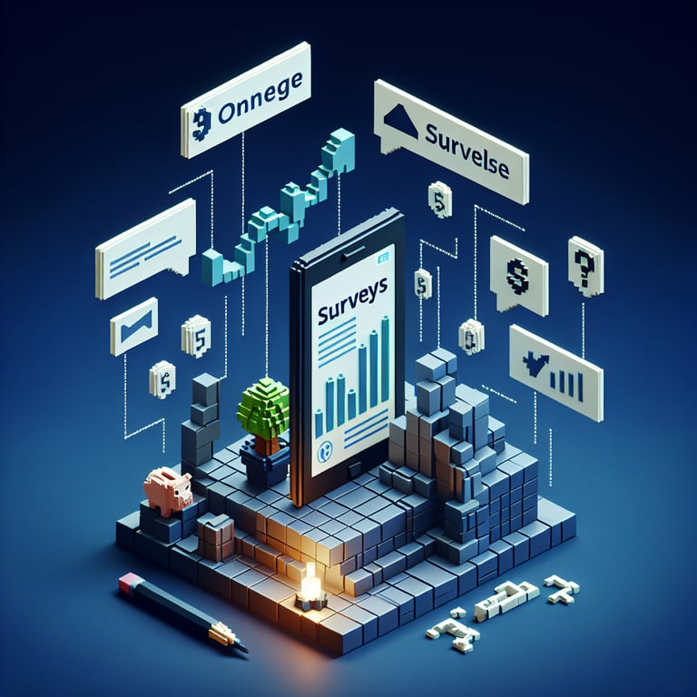 3D voxel art depicting online stock market surveys on a dark blue background.