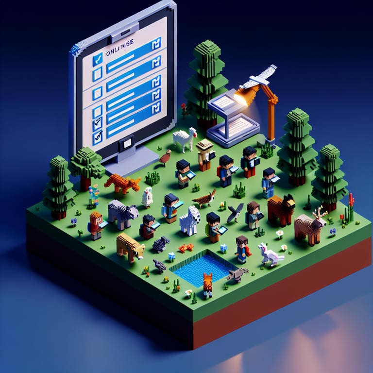 3D voxel art depicting ecosystem monitoring and species inventory survey theme