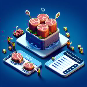 3D voxel art illustrating the concept of online surveys related to meat consumption on a dark blue background.