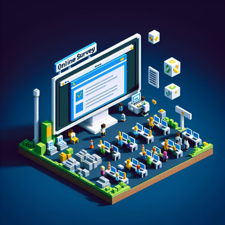 3D voxel art depicting the concept of engaging online surveys for second graders on a dark blue background.