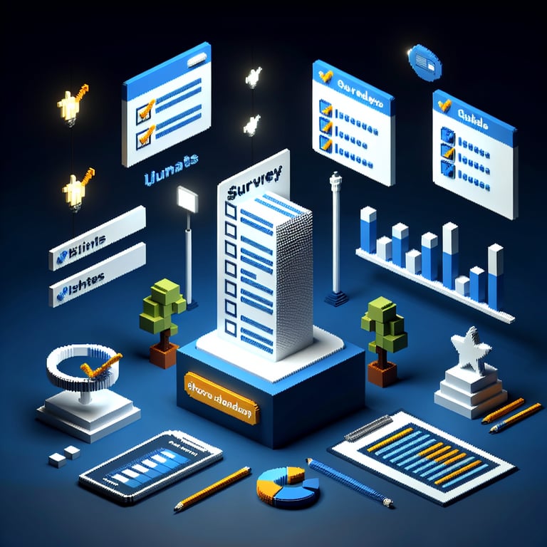 3D voxel art depicting online research surveys on a dark blue background.