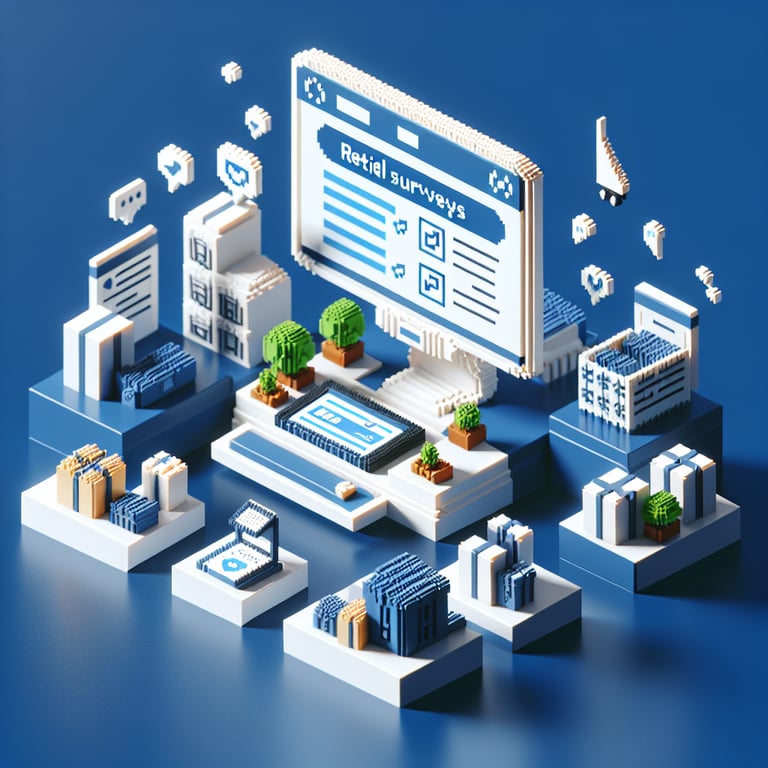 3D voxel art depicting online retail surveys against a dark blue background.