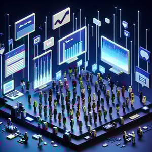 3D voxel art depicting demographic race survey questions on a dark blue background.
