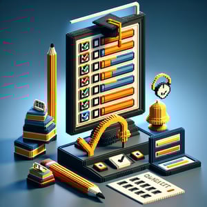 3D voxel art depicting online school quality survey concept on a dark blue background.