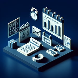 3D voxel art depicting the concept of online surveys, with a focus on email date time frequency, against a dark blue background.