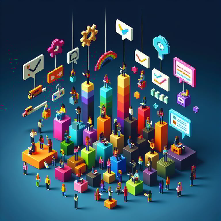 3D voxel art depicting online creativity surveys, with a dark blue background.