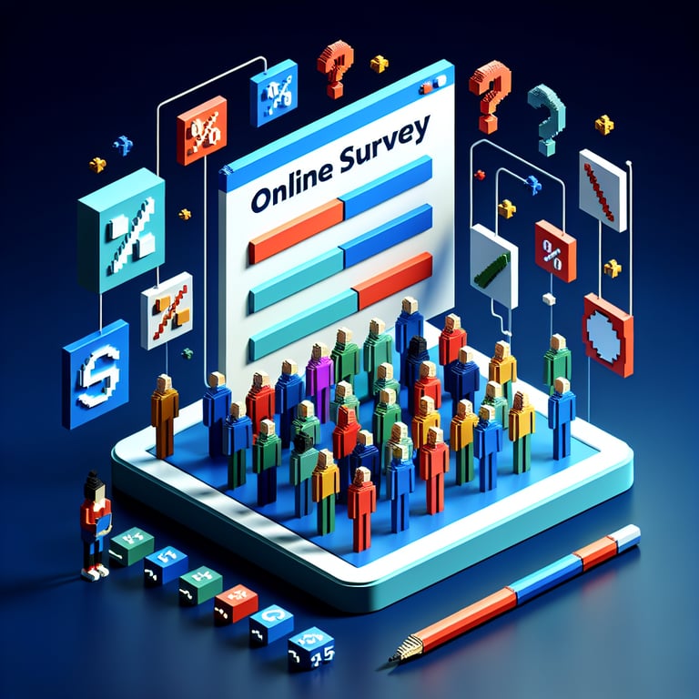 3D voxel art depicting online boss surveys against a dark blue background.