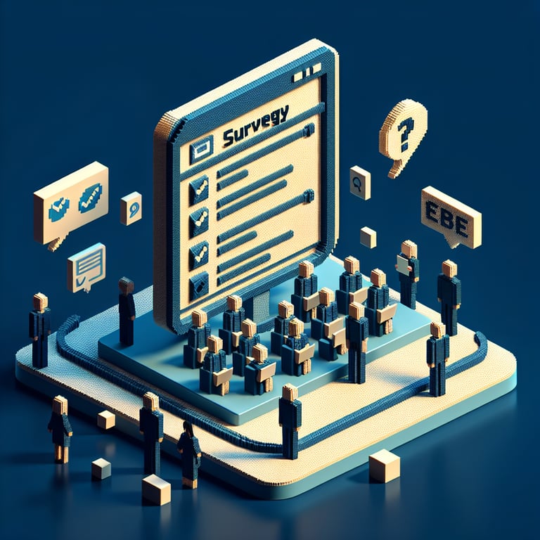 3D voxel art depicting online employee survey process on a dark blue background.