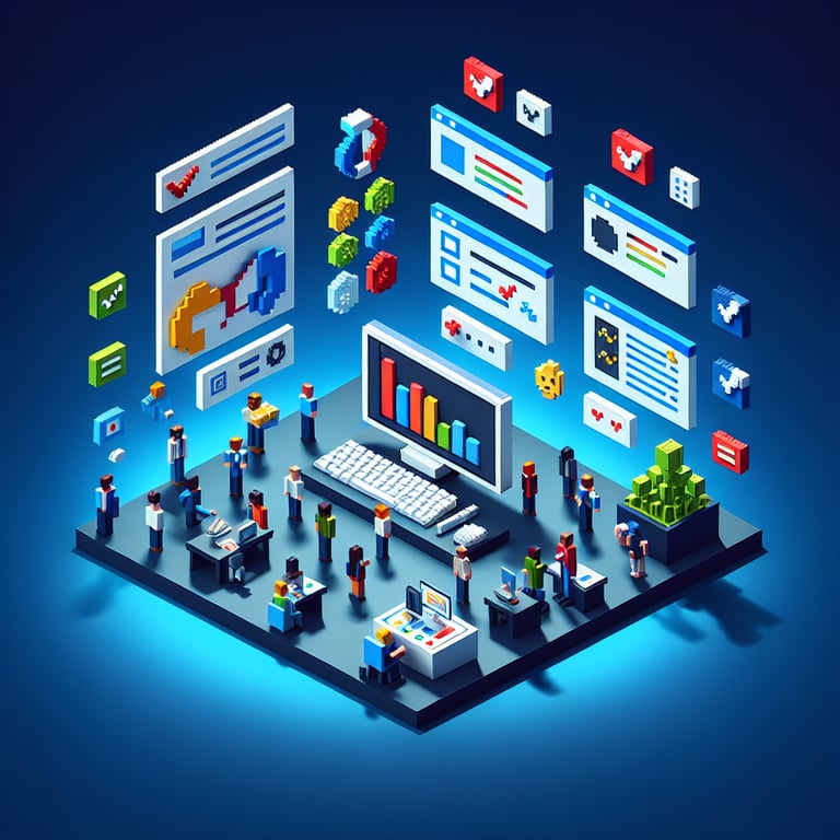 3D voxel art depicting online job survey concept on a dark blue background.