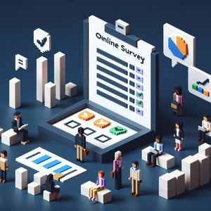 3D voxel art depicting the concept of online community stakeholder surveys on a dark blue background.