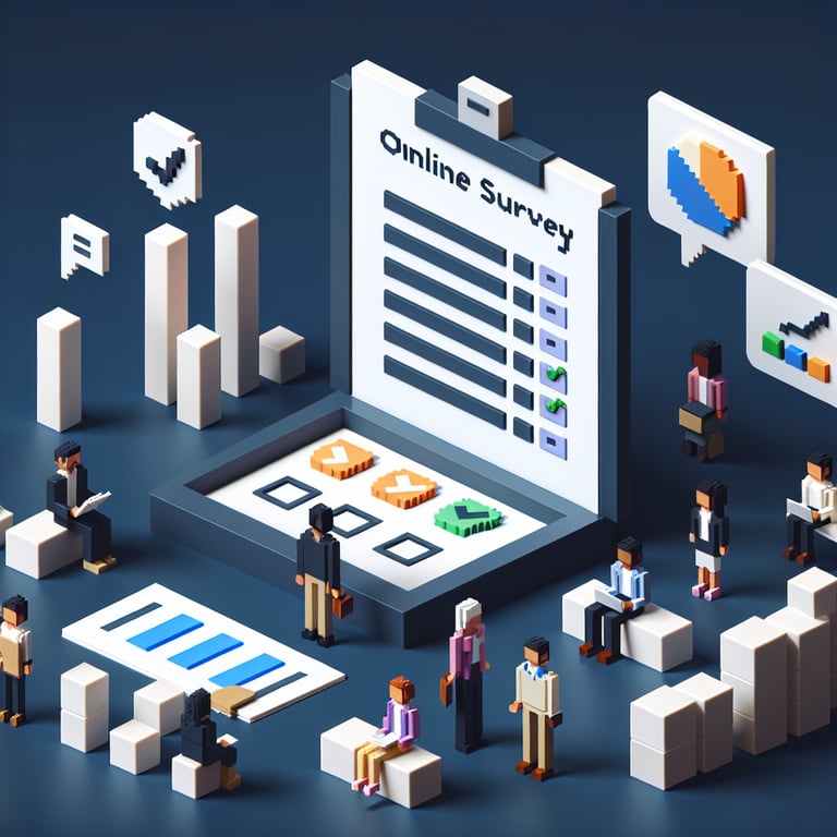 3D voxel art illustrating a collaborative community stakeholder questionnaire