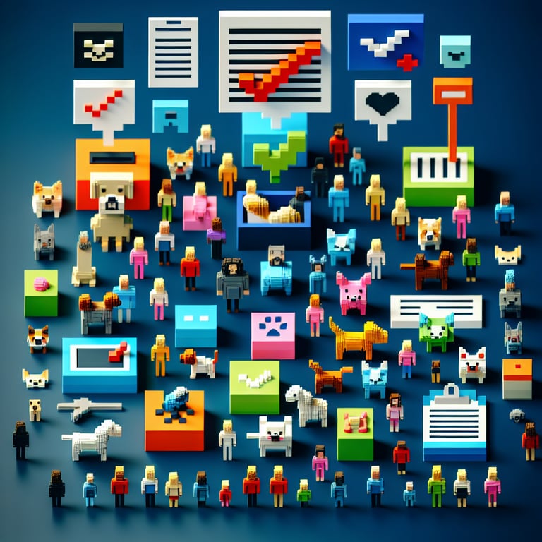 3D voxel art depicting the concept of online surveys related to human-animal bonding, set against a dark blue background.