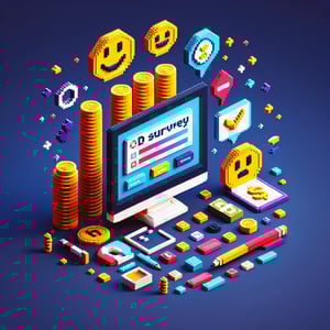 3D voxel art depicting online surveys about the correlation between money and happiness.
