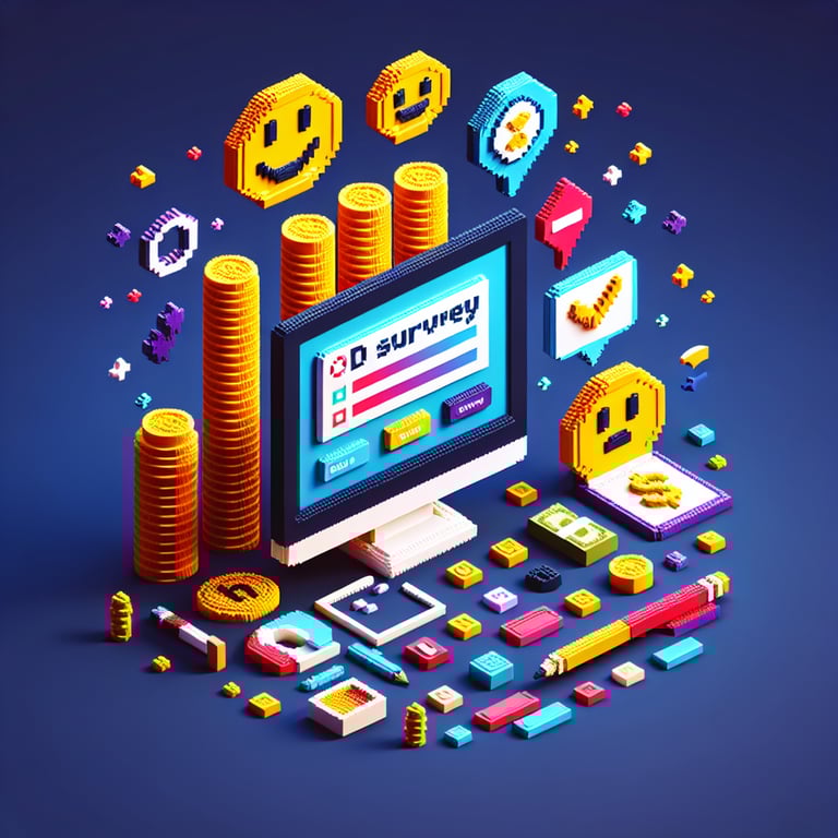 3D voxel art depicting online surveys about the correlation between money and happiness.