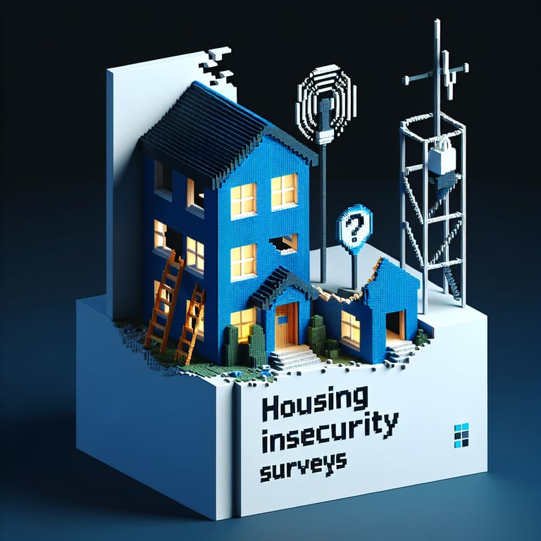 3D voxel art depicting online housing insecurity survey concept on a dark blue background.