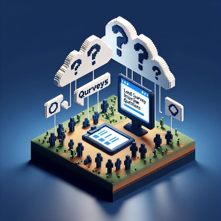 3D voxel art depicting online land survey interviews, with a dark blue background.