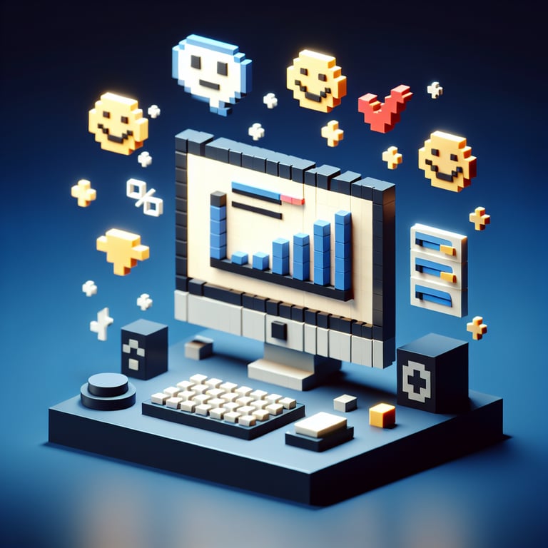 3D voxel art portraying online client satisfaction surveys on a dark blue background.