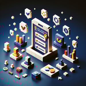 3D voxel art depicting online club membership surveys on a dark blue background.