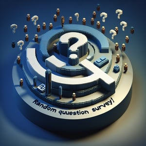 3D voxel art depicting online surveys and questions on a dark blue background.