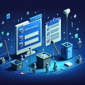 3D voxel art depicting online survey concept, with a dark blue background, for cleaners survey questions.